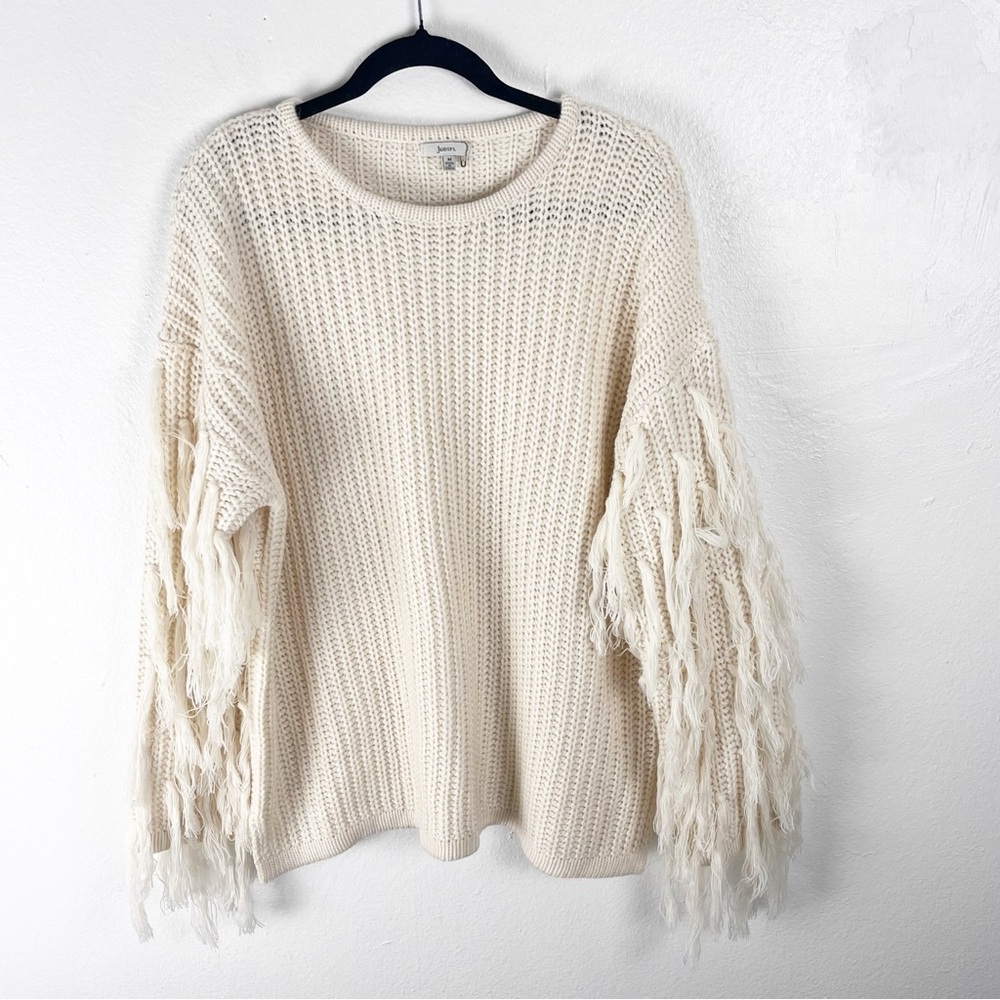 JODIFL Cream Fringe Tassels Long Sleeves Trim Drop Shoulder Knit Sweater Medium